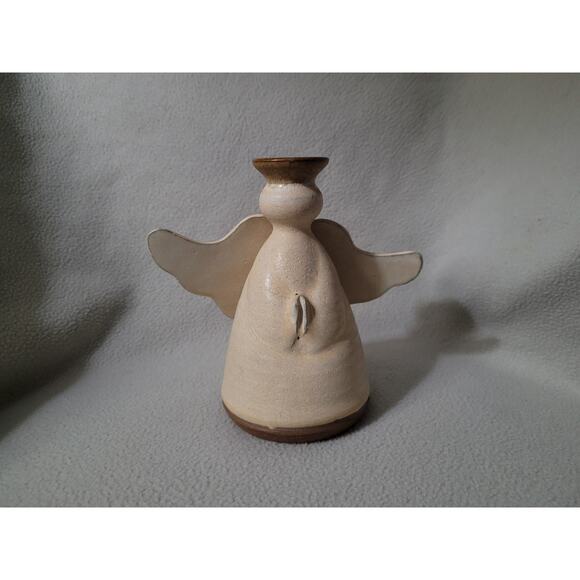 Pottery Angel Candle Holder Clay Signed Winged - Picture 2 of 9